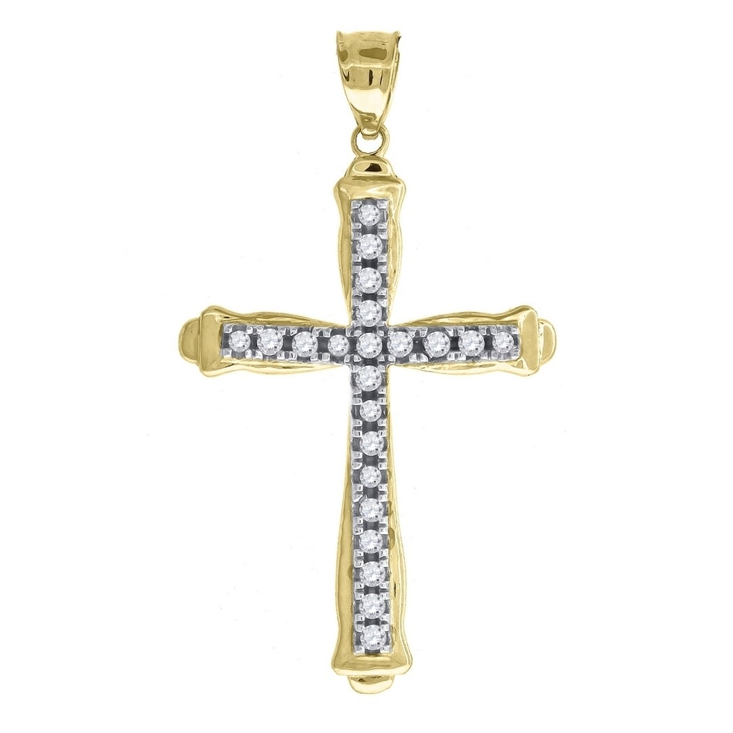 10k Gold Two-tone Cubic Zirconia Womens Cross Height 28.6mm X Width 15mm Religious Charm Pendant