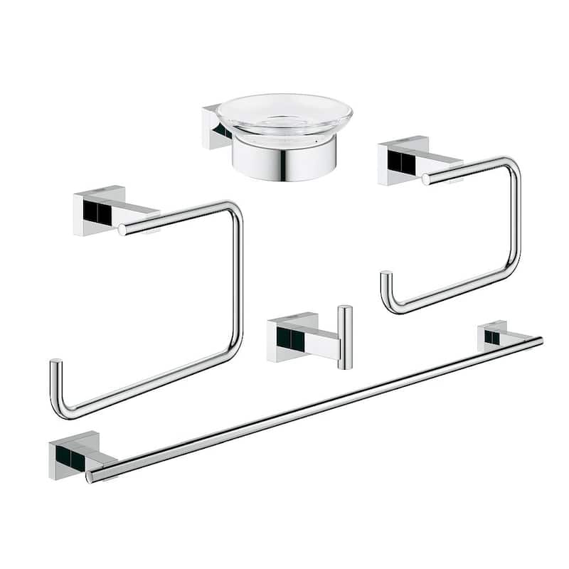 Grohe Essentials Cube Glass/Metal 25.59-in. 5-in-1 Master Bathroom Accessories Set - StarLight Chrome