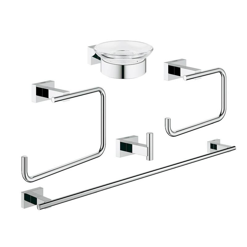 Grohe Essentials Cube Glass/Metal 25.59-in. 5-in-1 Master Bathroom Accessories Set - StarLight Chrome
