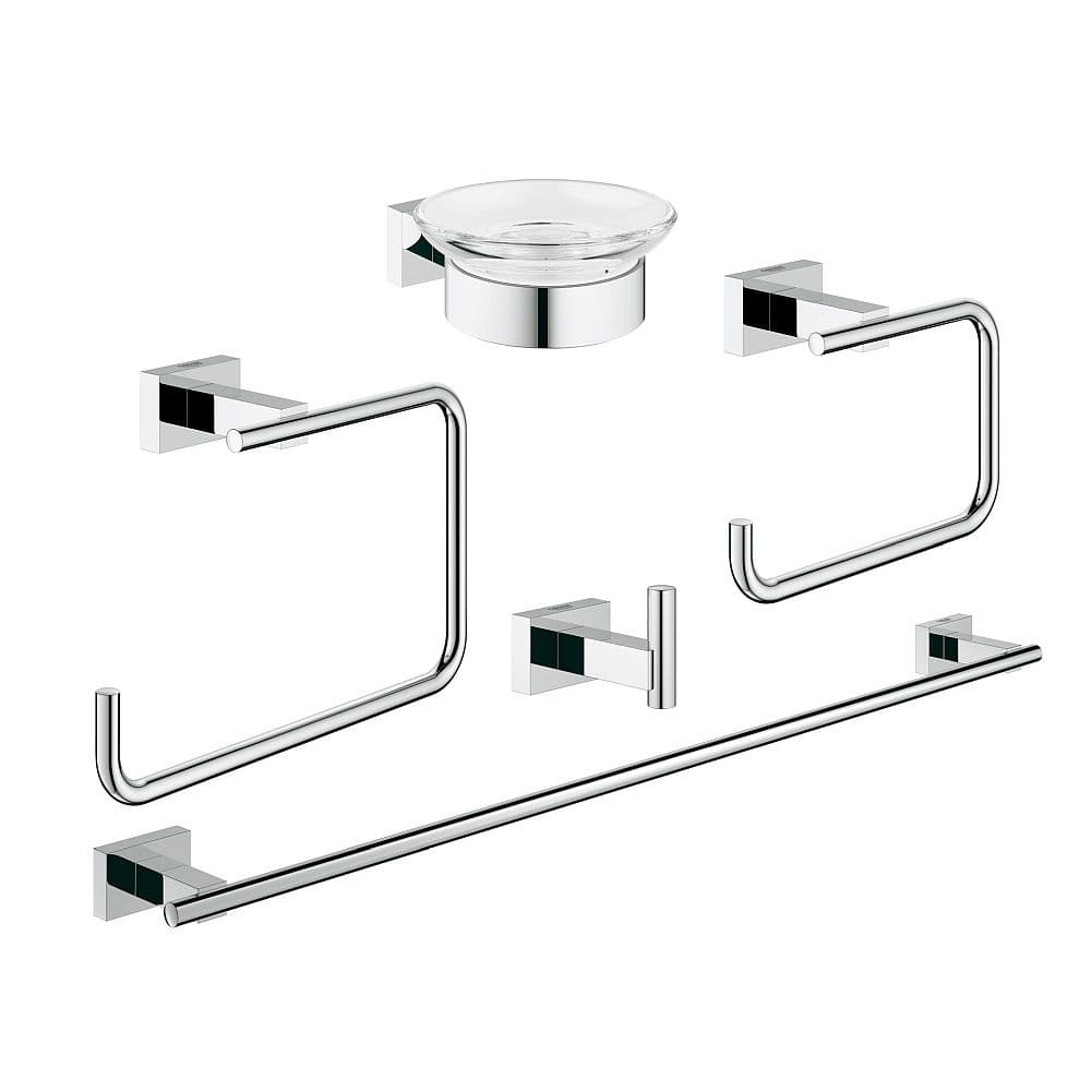 Grohe Essentials Cube Glass/Metal 25.59-in. 5-in-1 Master Bathroom Accessories Set - StarLight Chrome