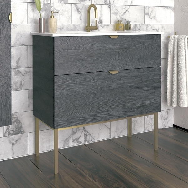 Shop 32" Modern Bathroom Vanity Set | Smug Oak Wood Gold ...