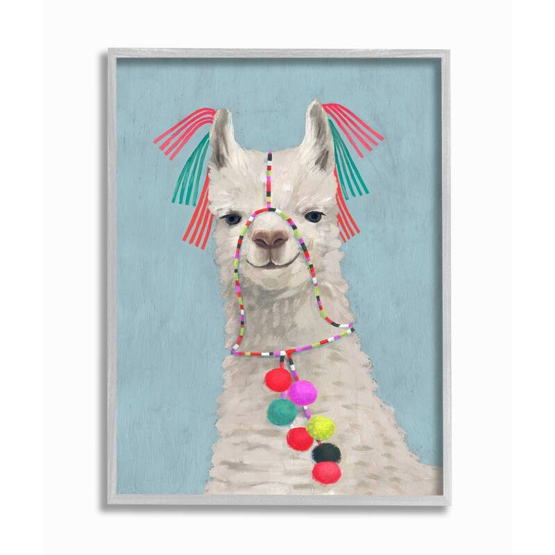 Stupell Llama Adorned in Tassels and Pom Poms Painting Grey Framed, 16 x 20, Proudly Made in USA - 16 x 20