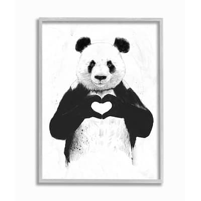 Stupell Black and White Panda Bear Making a Heart Ink Illustration Grey Framed, 11 x 14, Proudly Made in USA - 11 x 14