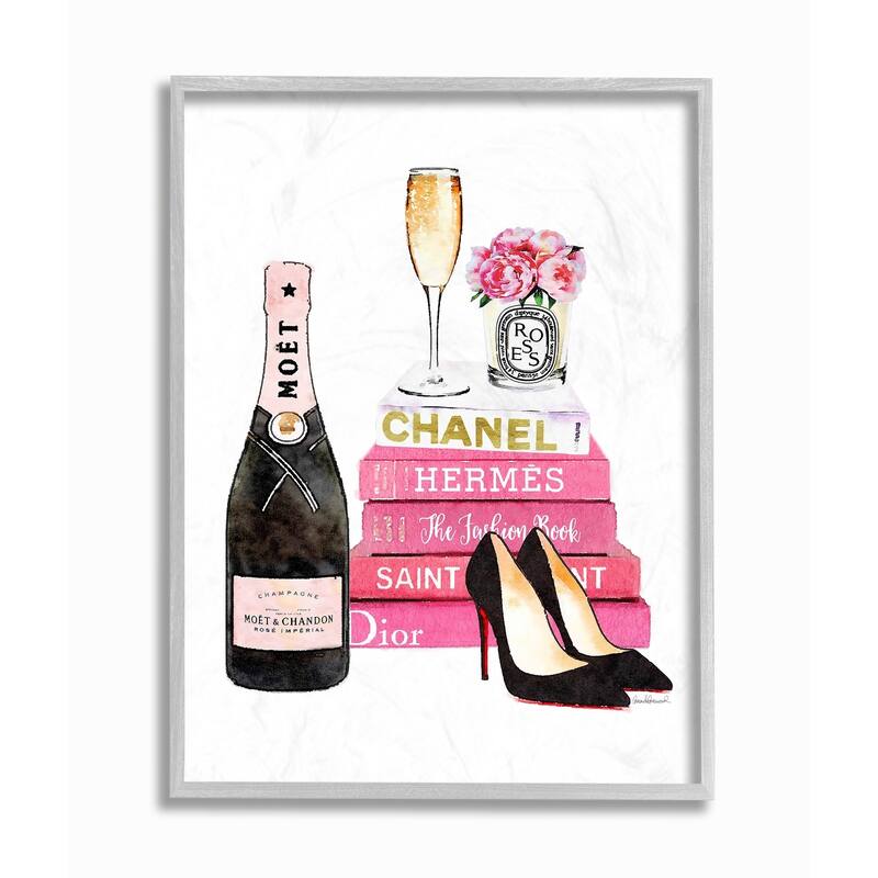 Stupell Industries Glam Pink Fashion Book Champagne Hells and Flowers Grey Framed, 11 x 14, Proudly Made in USA - 11 x 14