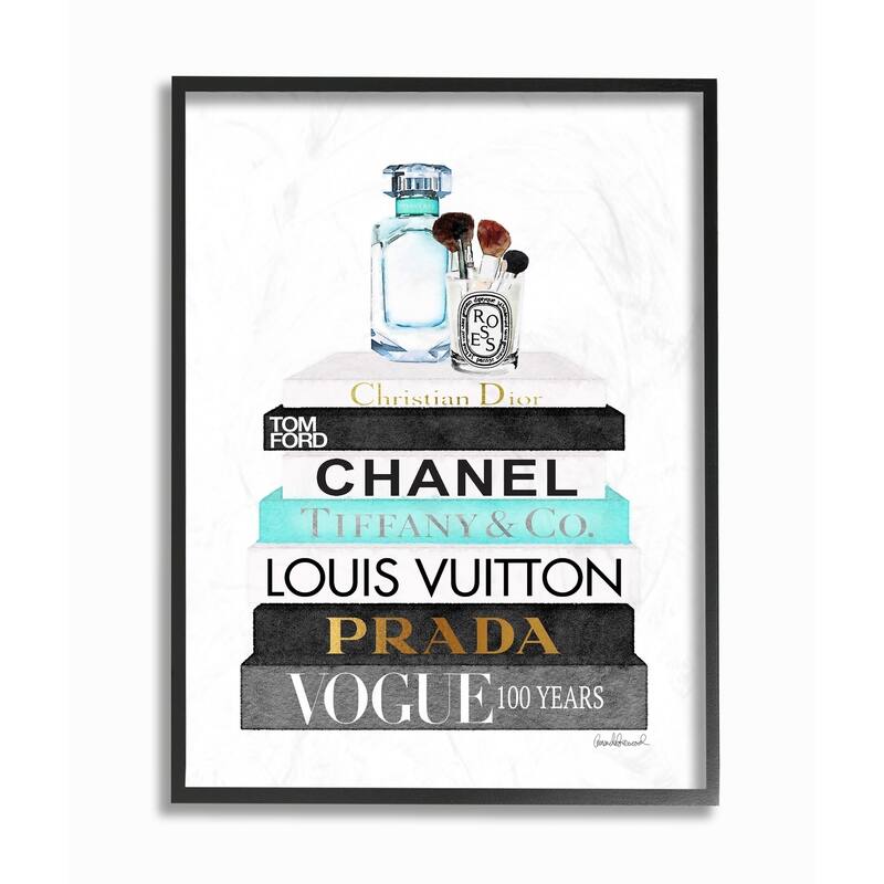 Stupell Industries Book Stack Perfume Brushes Glam Fashion Watercolor Black Framed, 24 x 30, Proudly Made in USA - 24 x 30