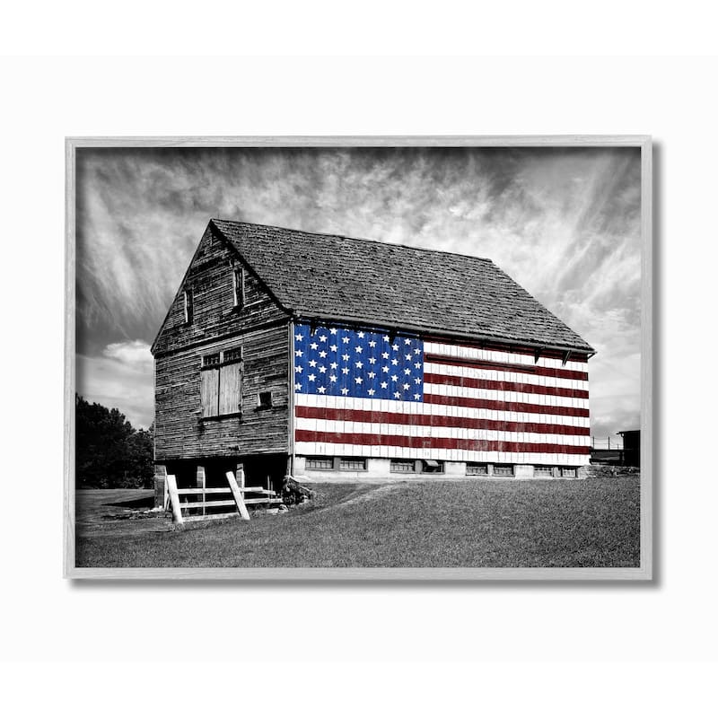 Stupell Industries Black and White Farmhouse Barn American Flag Grey ...