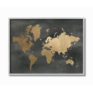 Stupell Black And Gold World Map Grey Framed, 11 X 14, Design By Artist 