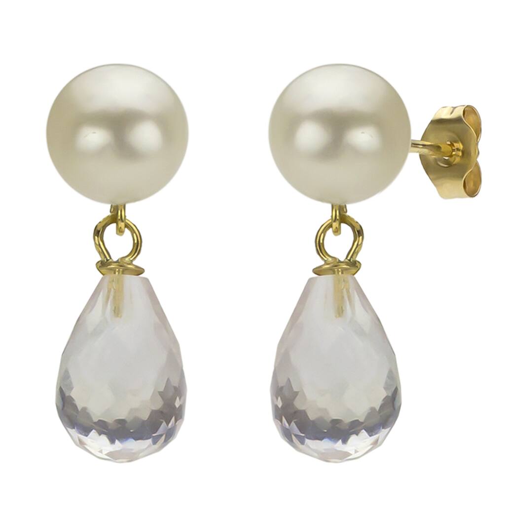 DaVonna 14k Gold White Freshwater Pearl and Rose Quartz Drop Earrings (6-6.5 mm)
