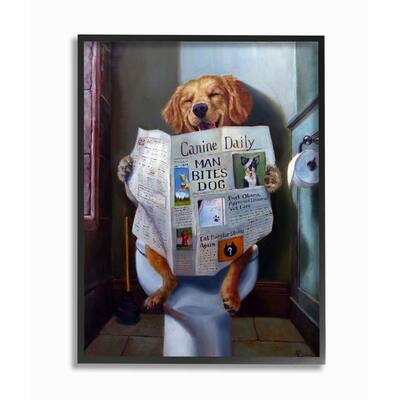Stupell Industries Dog Reading the Newspaper On Toilet Funny Painting Black Framed, 24 x 30, Proudly Made in USA - 24 x 30