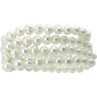 M by Miadora White Cultured Freshwater Pearl Elastic Bracelets (Set of ...