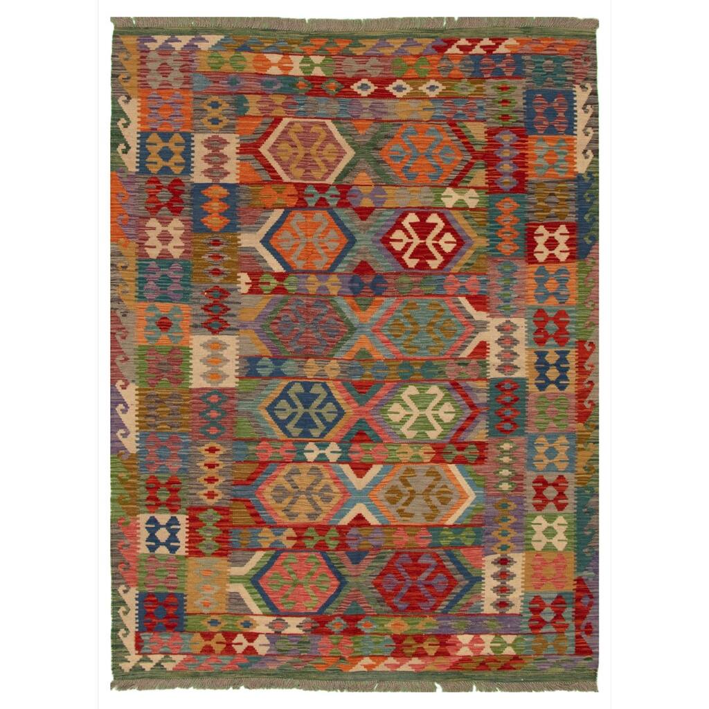 Flat-weave Bold and Colorful Multi Color Wool Rug - 5'10 x 8'2