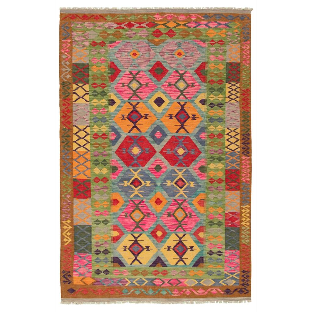 Flat-weave Old Style Multi Color Wool Rug - 6'7 x 9'9