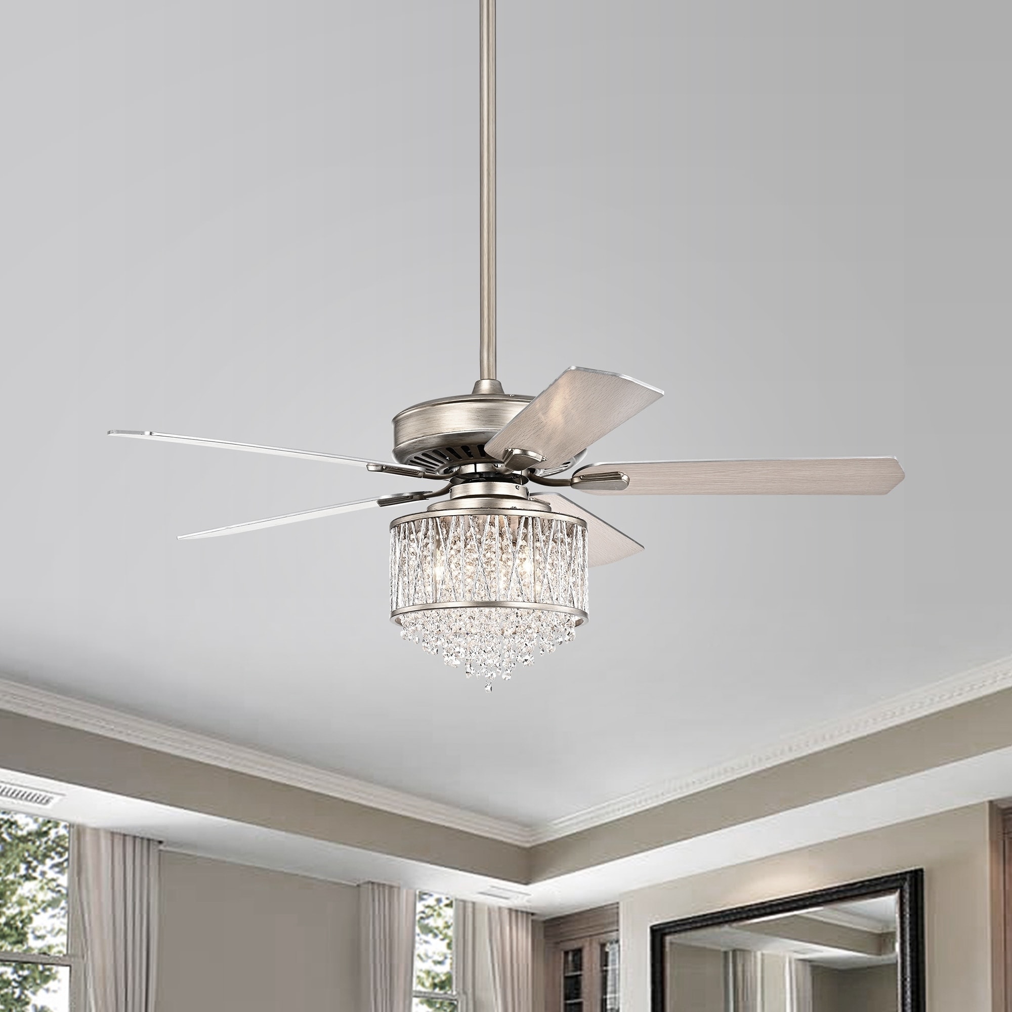 Jauni Chrome 52 Inch 5 Blade Ceiling Fan With Metal Drum Shade Includes Remote