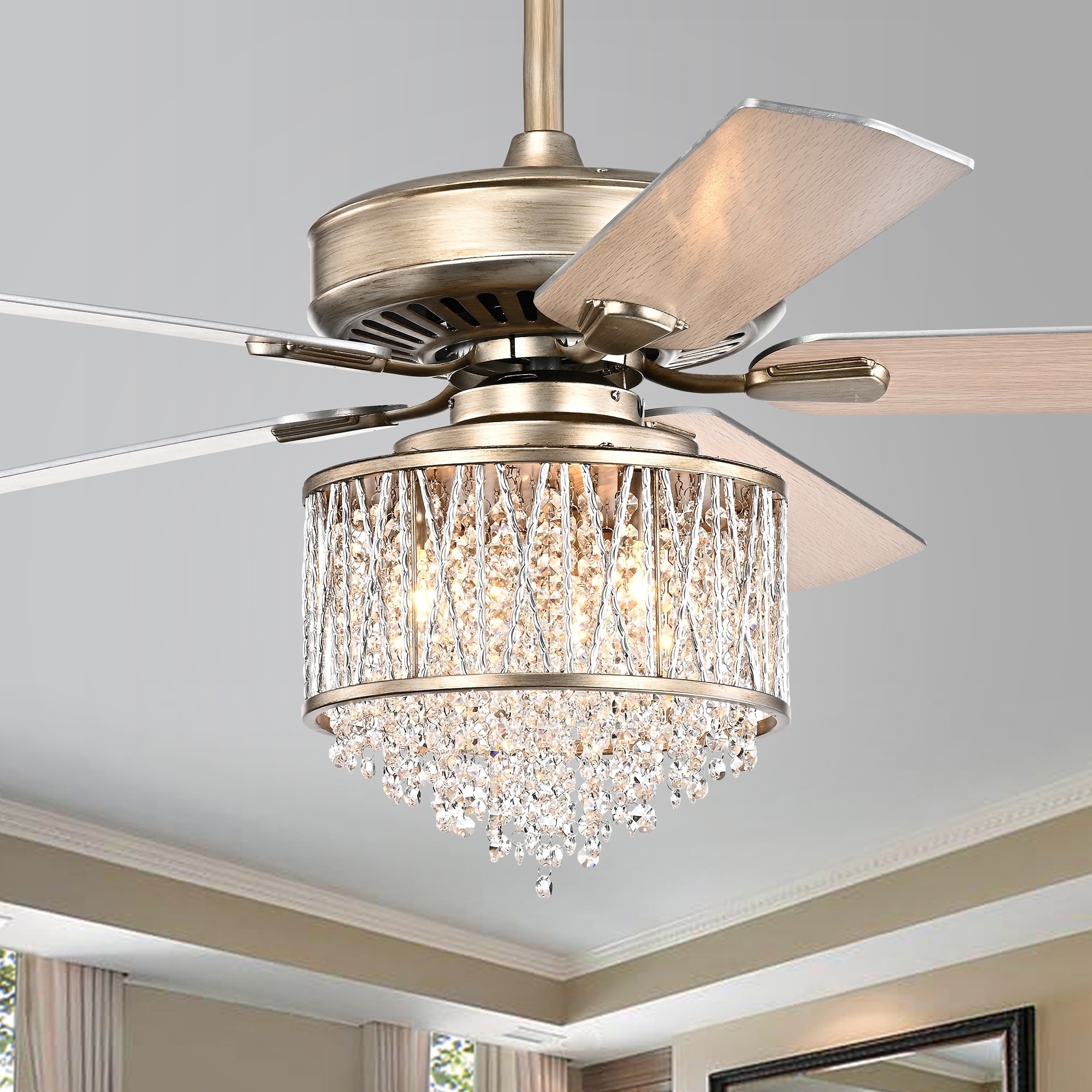 Warehouse of Tiffany Mason Brushed Brass 5-blade Lighted Ceiling Fan with Crystal Shade