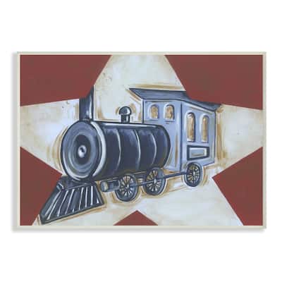 Stupell Blue Train on White Star and Red Background Wood Wall Art,10 x 15, Proudly Made in USA - 10 x 15