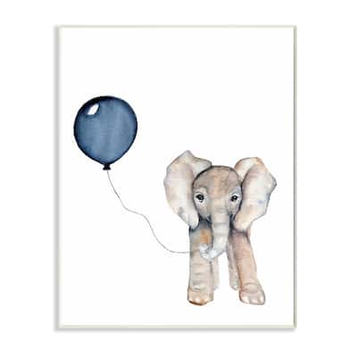 Stupell Baby Elephant with Blue Balloon Wood Wall Art,13 x 19, Proudly Made in USA - 13 x 19