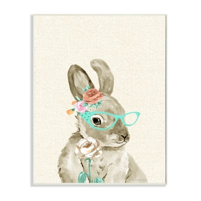 Stupell Woodland Bunny with Cat Eye Glasses Wood Wall Art,13 x 19, Proudly Made in USA - 13 x 19