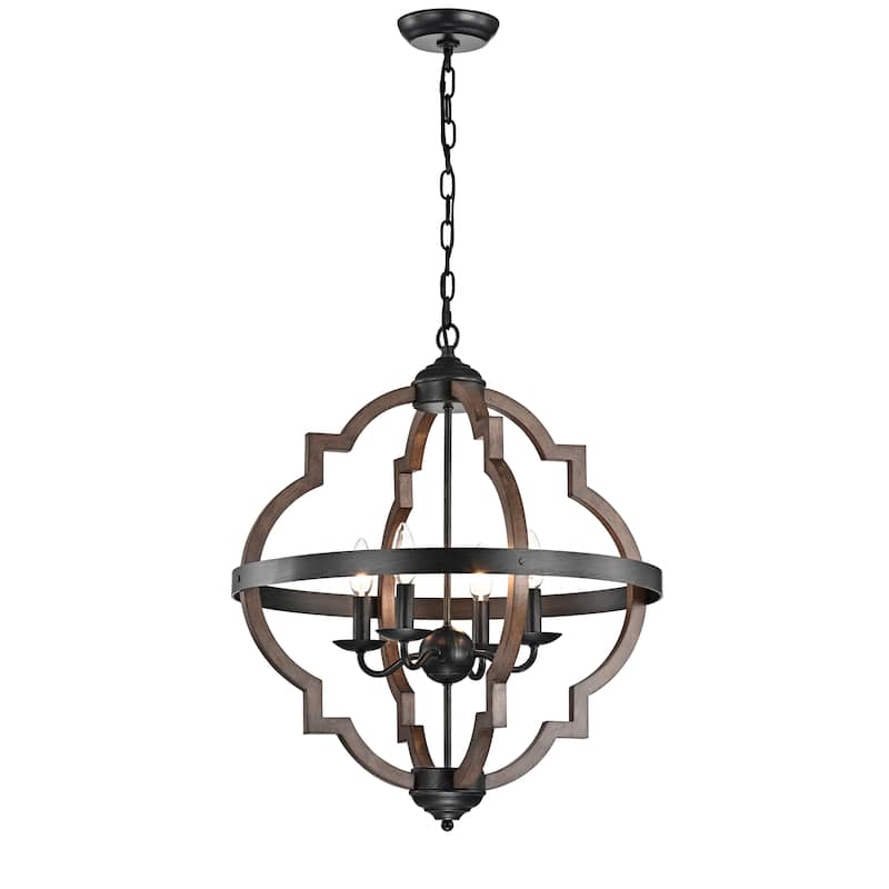 Adoncia 4-light Antique Black Metal and Brown Natural Wood Chandelier