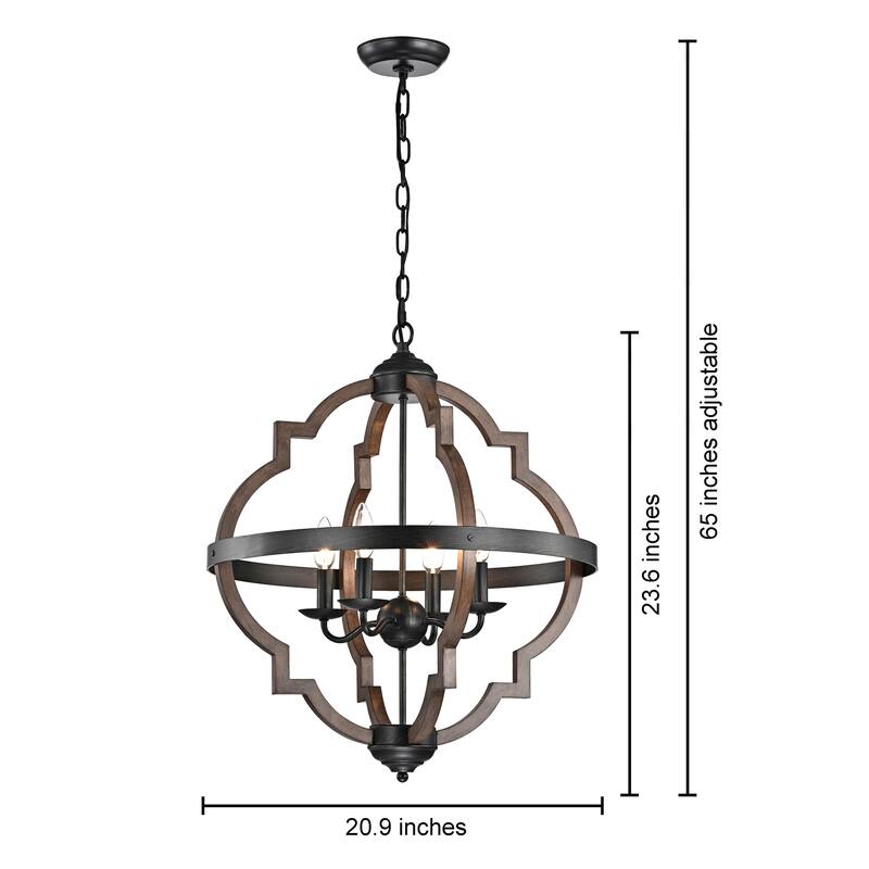 Adoncia 4-light Antique Black Metal and Brown Natural Wood Chandelier