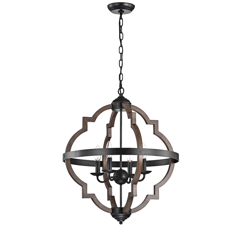 Adoncia 4-light Antique Black Metal and Brown Natural Wood Chandelier