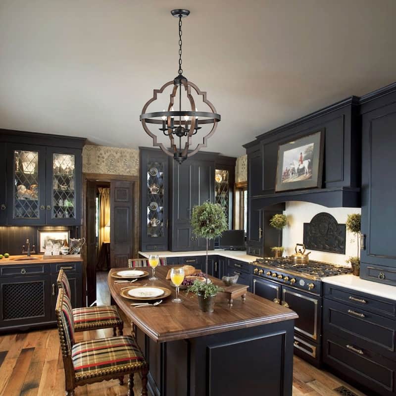 Adoncia 4-light Antique Black Metal and Brown Natural Wood Chandelier