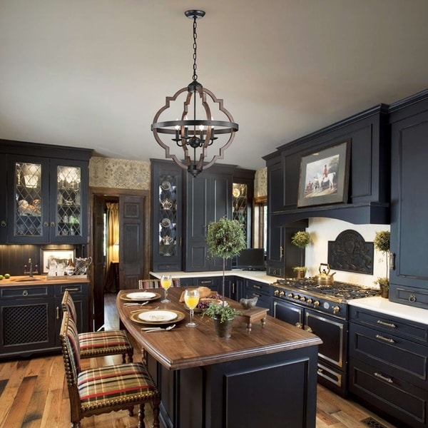 Adoncia 4-light Antique Black Metal and Brown Natural Wood