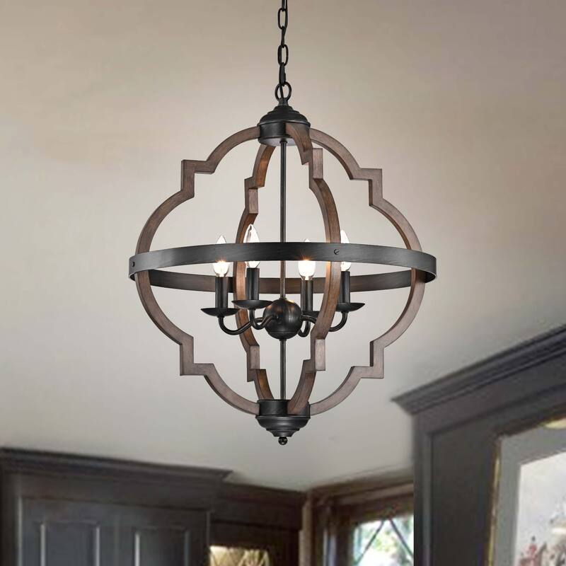 Adoncia 4-light Antique Black Metal and Brown Natural Wood Chandelier