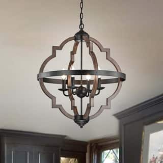 Adoncia 4-light Antique Black Metal and Brown Natural Wood Chandelier