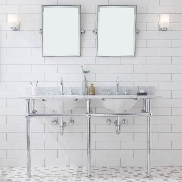 slide 2 of 34, Embassy 60 Inch Wide Double Wash Stand, P-Trap, Counter Top with Basin, and F2-0012 Faucet included Nickel Finish