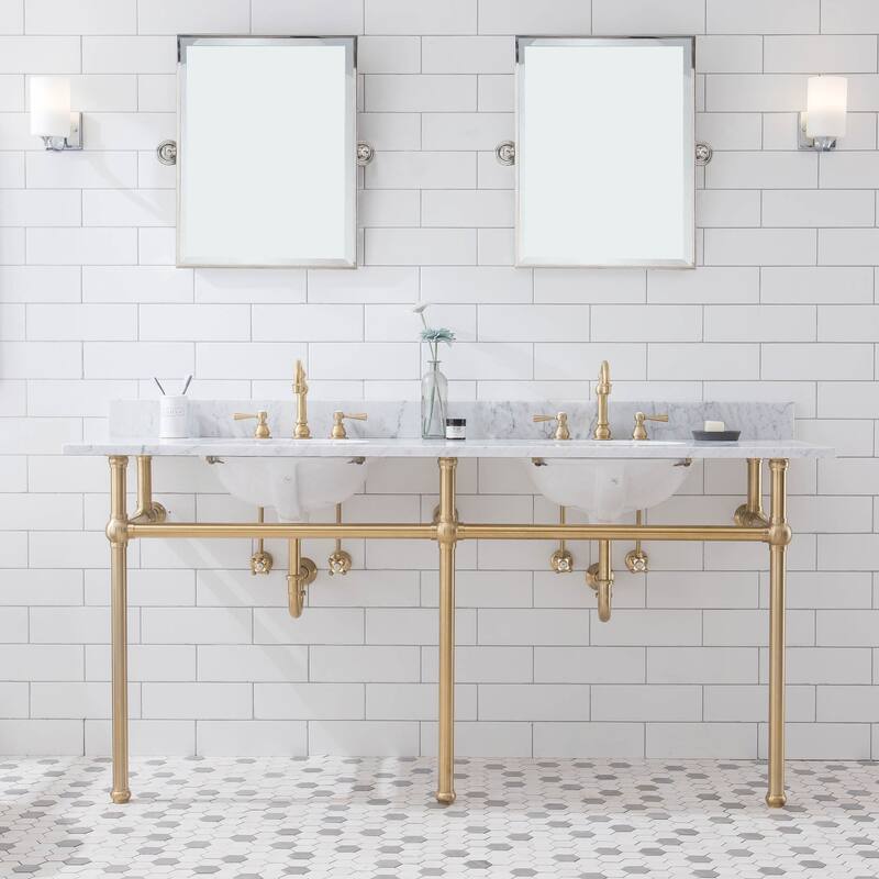 Embassy 72 In. White Marble Countertop Washstand with P-Trap - Satin Brass