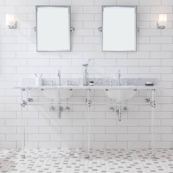 slide 2 of 38, Empire 72 Inch Wide Double Wash Stand, P-Trap, Counter Top with Basin, F2-0012 Faucet and Mirror included Nickel Finish
