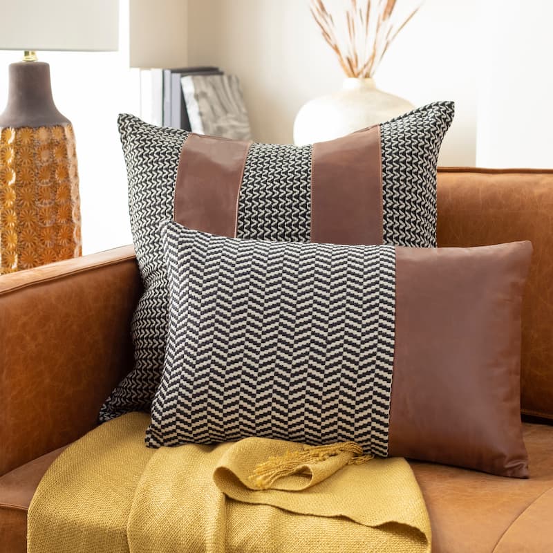 Fabiola Leather Striped Modern 13x20-inch Lumbar Throw Pillow - Polyester