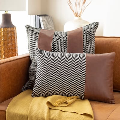 Fabiola Leather Striped Modern 13x20-inch Lumbar Throw Pillow
