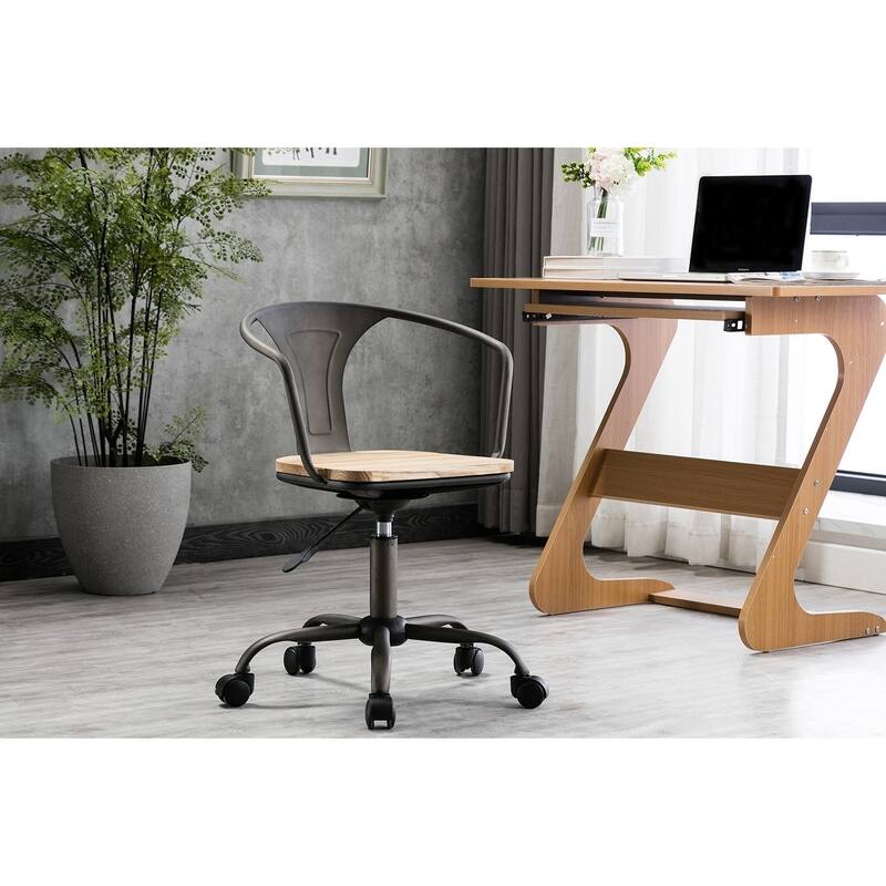 Porthos Home Ines Swivel Office Chair, Wooden Seat, Iron Backrest
