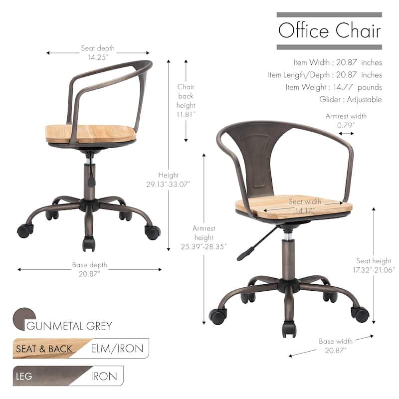 Porthos Home Ines Swivel Office Chair, Wooden Seat, Iron Backrest