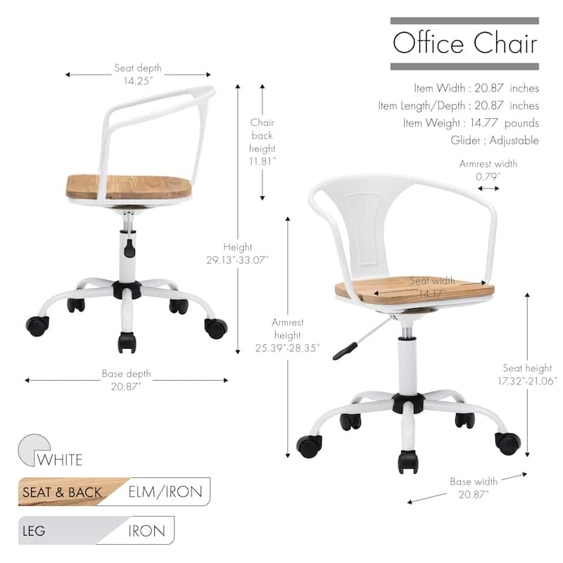 Porthos Home Ines Swivel Office Chair, Wooden Seat, Iron Backrest