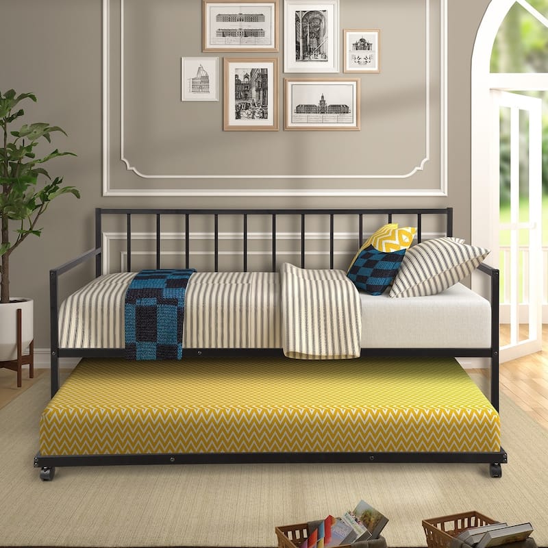 Merax Twin-size Metal Daybed with Trundle and Built-in Casters - Black