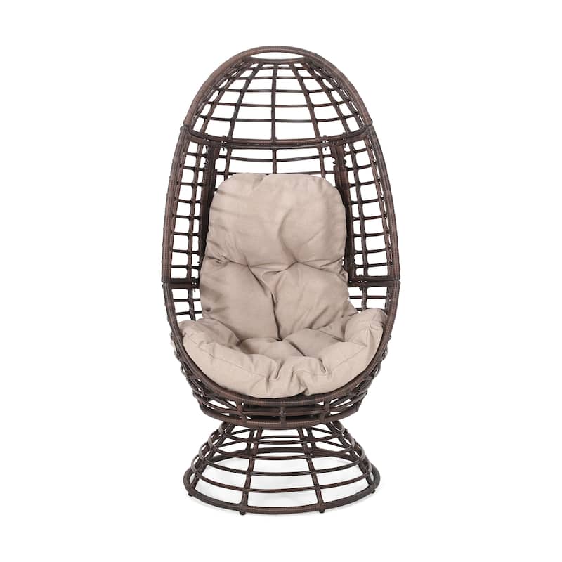 Pitner Outdoor Wicker Swivel Egg Chair with Cushion by Christopher Knight Home - Dark Brown + Beige Cushion
