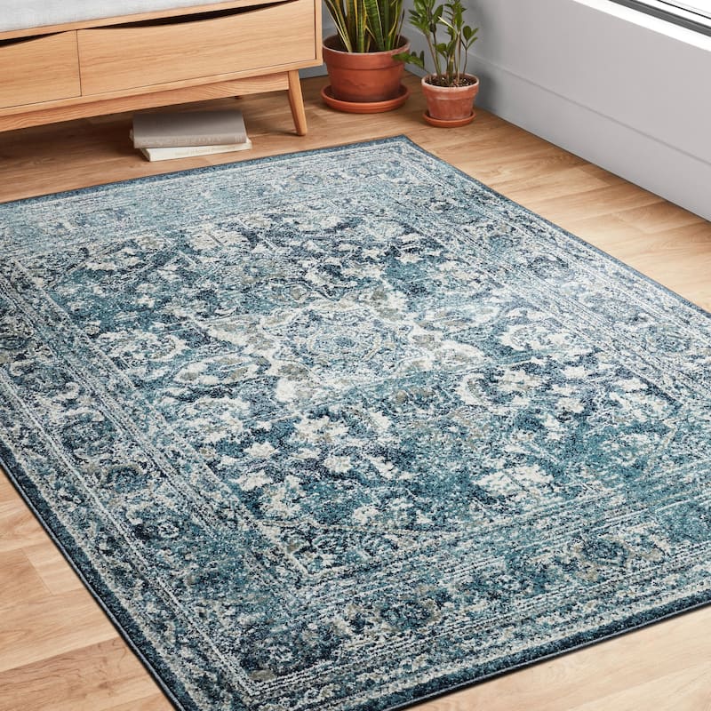 Alexander Home Bellagio Star Medallion Traditional Border Distressed Rug - 2'7" x 8'0" - OCEAN / IVORY - Runner/Rectangle