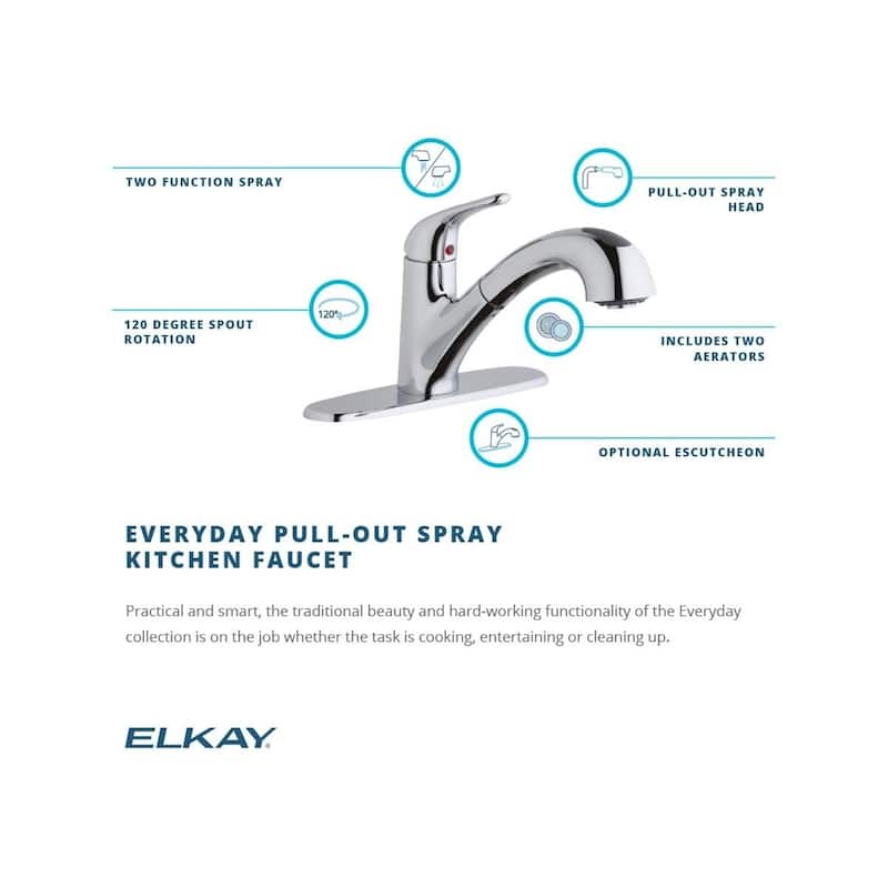 Elkay Everyday Single Hole Deck Mount Kitchen Faucet with Pull-out Spray Lever Handle + Optional Escutcheon Chrome