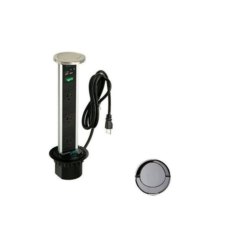 Pop-Up Power and Charging Station with 3-Socket and 2-USB Outlet in Aluminum - Gun Metal