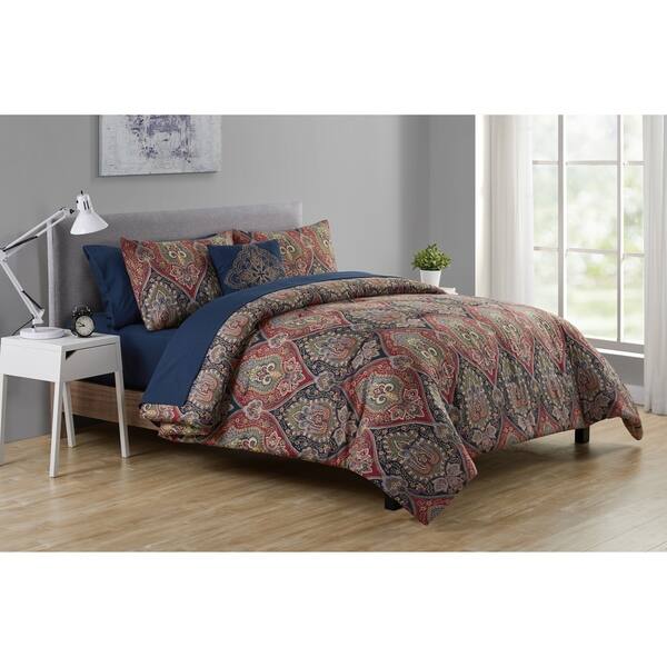 Shop Vcny Home Dion Burgundy Navy Damask Bed In A Bag Comforter