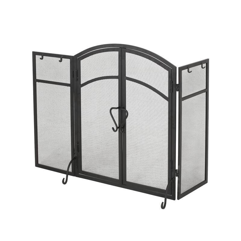 Brightwell Modern Iron Folding Fireplace Screen with Door and Tools by Christopher Knight Home - 32.00" H x 50.50" W x 5.50" D - Matte Black