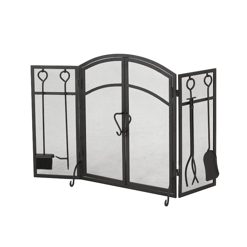 Brightwell Modern Iron Folding Fireplace Screen with Door and Tools by Christopher Knight Home