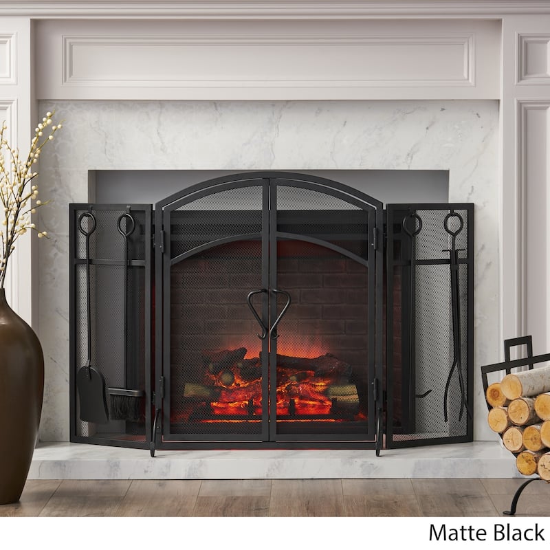 Brightwell Modern Iron Folding Fireplace Screen with Door and Tools by Christopher Knight Home