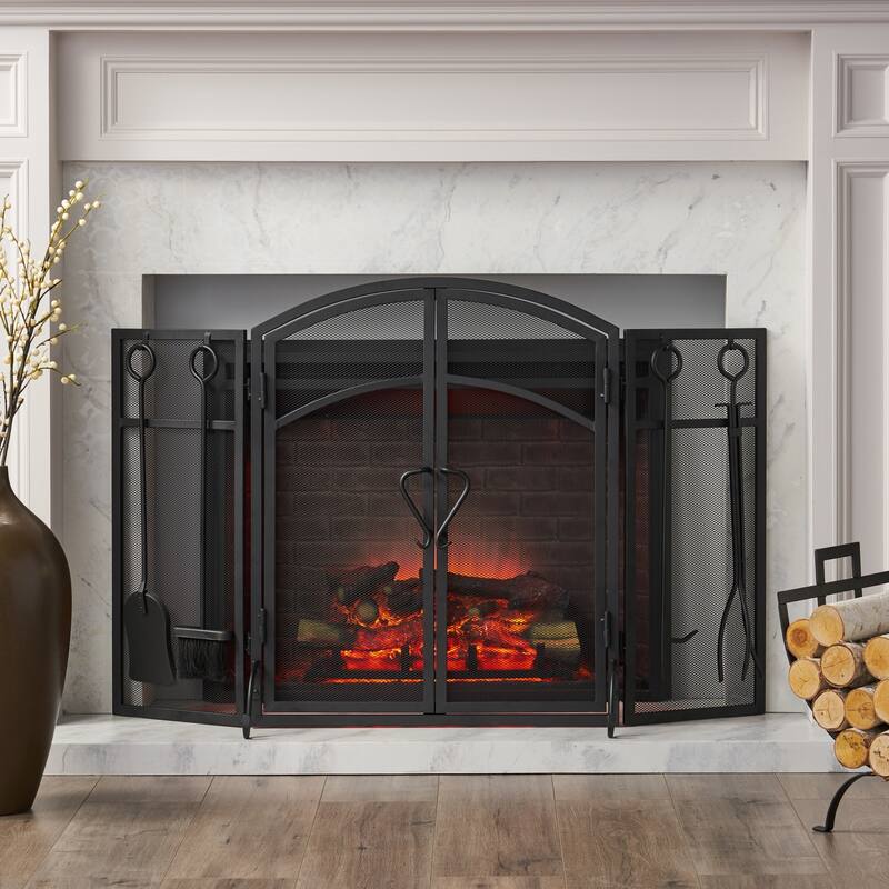 Brightwell Modern Iron Folding Fireplace Screen with Door and Tools by Christopher Knight Home