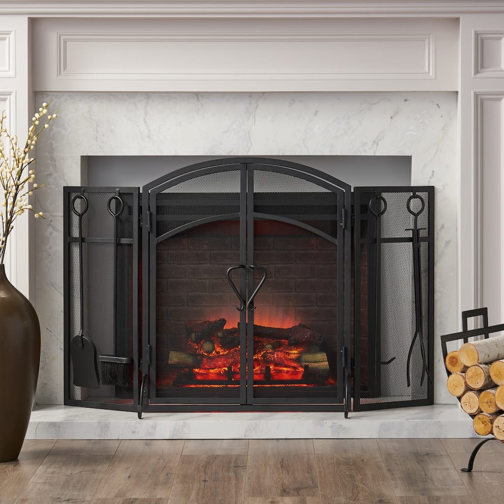 Brightwell Modern Iron Folding Fireplace Screen with Door and Tools by Christopher Knight Home
