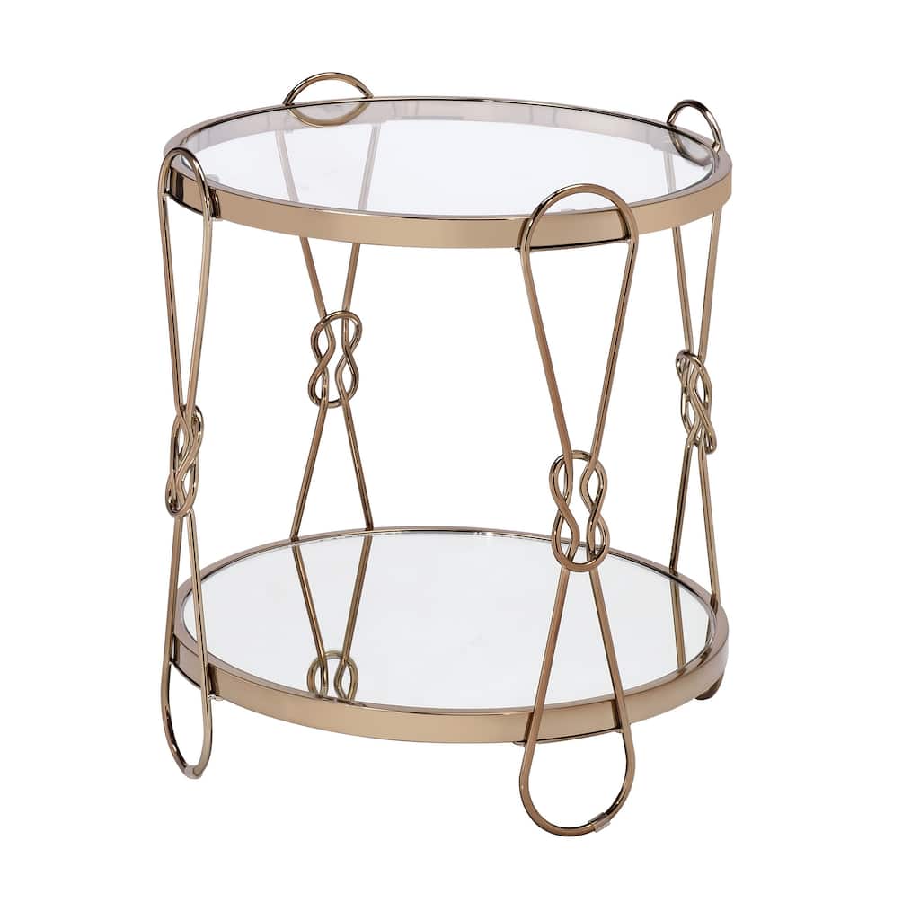 Metal End Table with Mirrored Top and 1 Bottom shelf, Gold and Clear