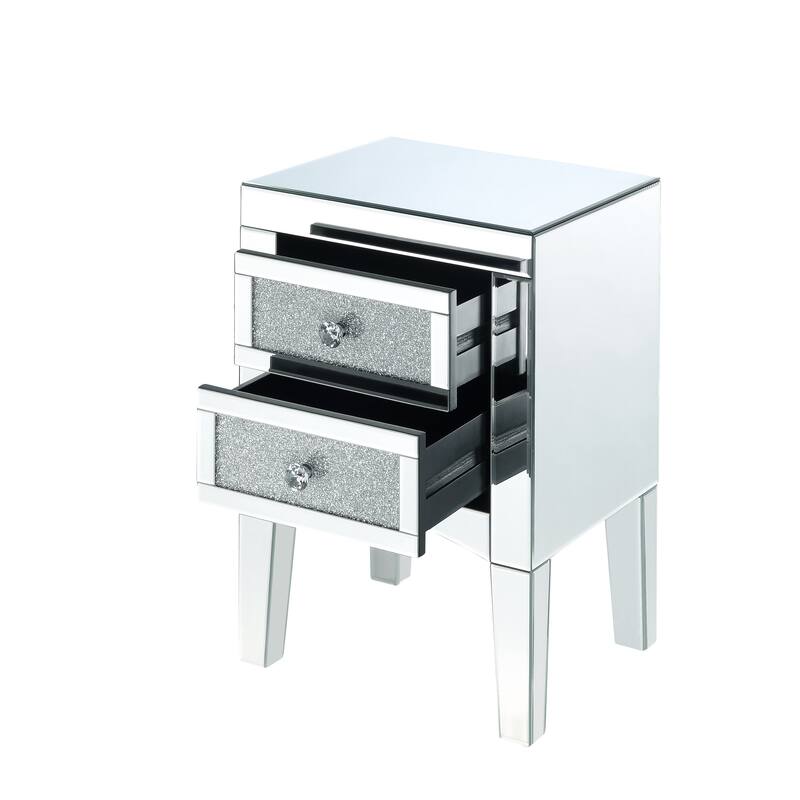 Wooden Night Table with 2 Spacious Drawers and Tapered Legs, Silver