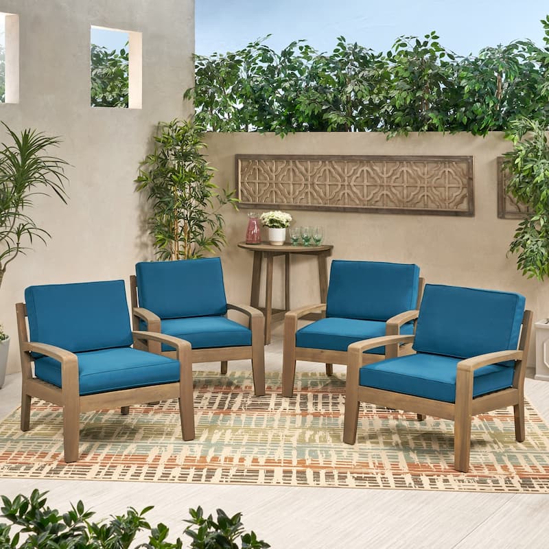 Grenada Outdoor Acacia Wood Club Chairs with Cushions (Set of 4) by Christopher Knight Home - 31.00" W x 29.00" D x 27.25" H - Gray Finish + Dark Teal Cushion